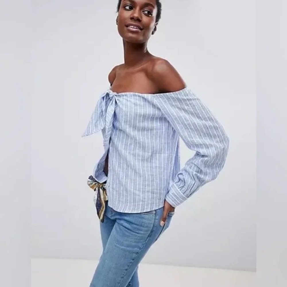 FREE PEOPLE Women’s Hello There Beautiful Blue White Tie Off Shoulder Shirt